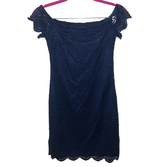 Lilly Pulitzer Jade Dress True Navy Scalloped Shell Lace Off Shoulder, Size XXS - Picture 2 of 9